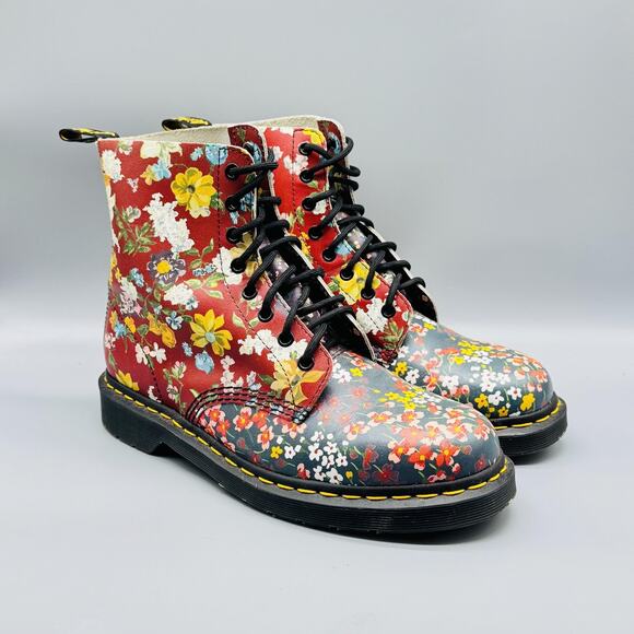 Dr Martens Boots Womens 11 Red Multi Leather Pascal Floral Clash FC 8 Eye Combat - Picture 2 of 10